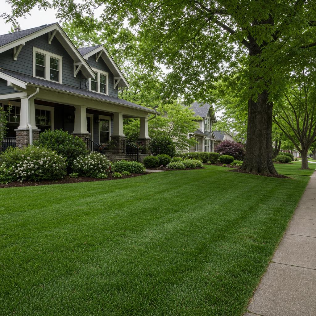 Charlotte craftsman home with a green residential lawn and mature tree canopy