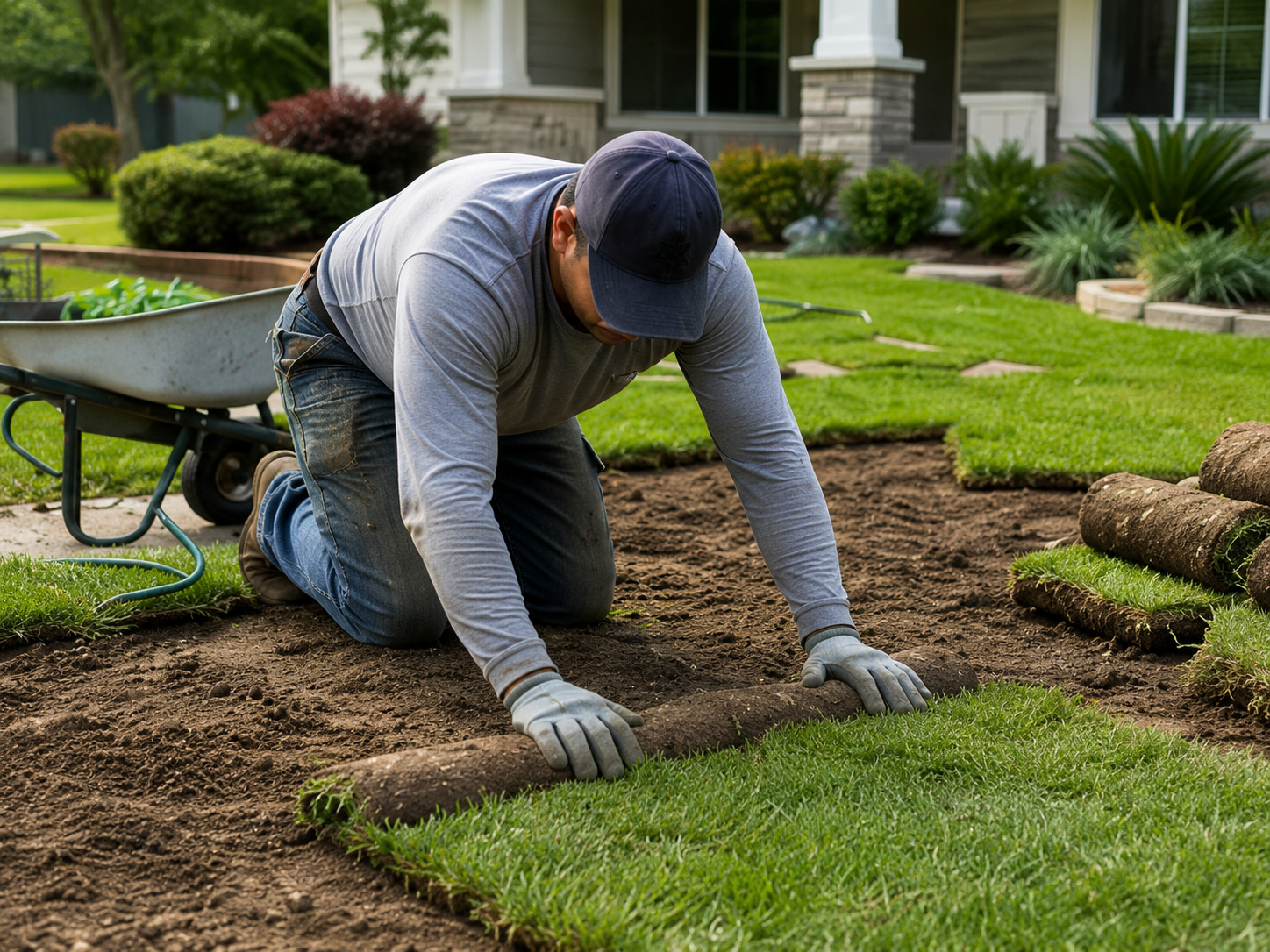 Worker unrolling sod on prepared soil in a front yard
