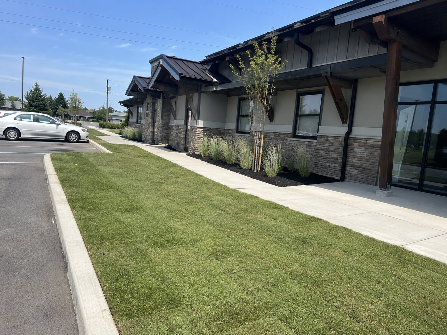 Office-park lawn strip between parking and a sidewalk